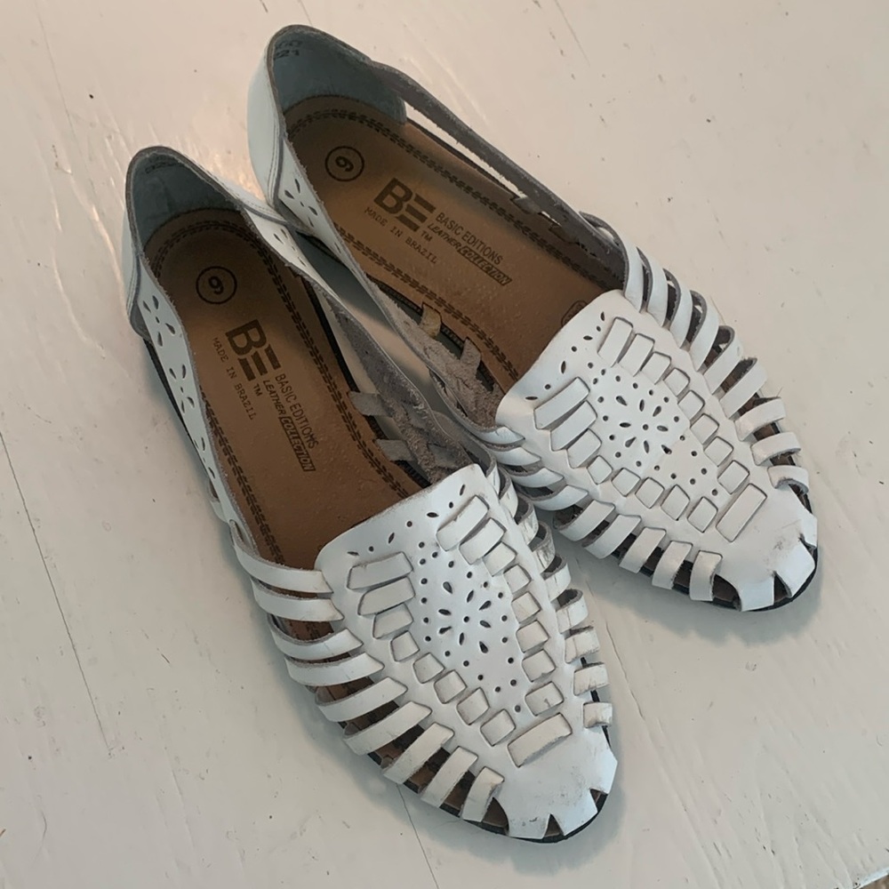 Vintage 90s White Leather Huaraches Sandals Flats Slip Ons